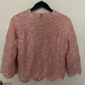 Vintage 1950s or 1960s Pink Wool Knit and Beaded Top